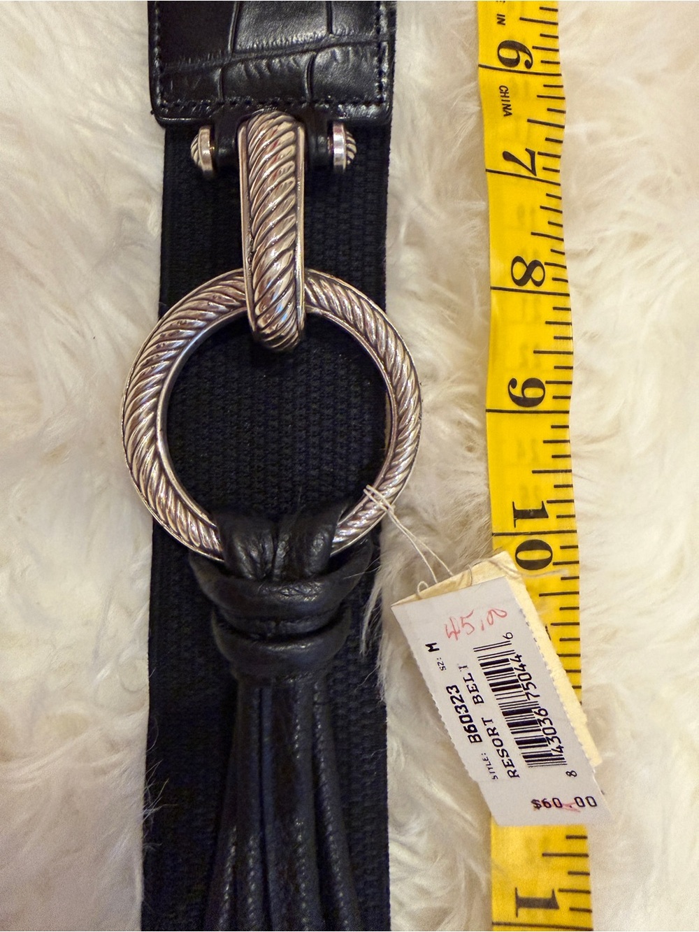 INC International Concepts Black Leather Belt with Silver Rope Ring Buckle